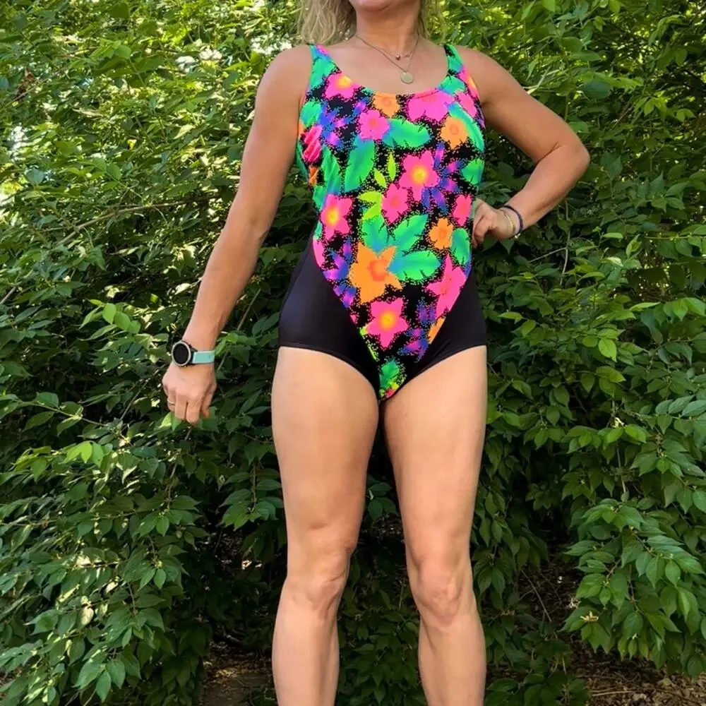 Vintage 90s Pacific Connections neon tropical hibiscus one piece swimsuit